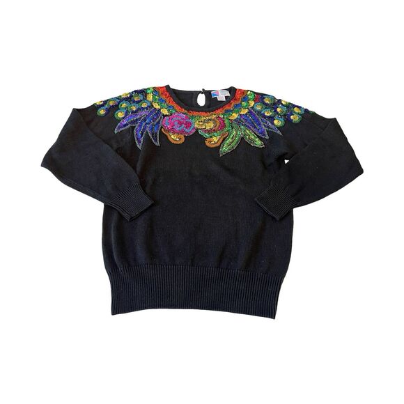 Vintage Lindsey Blake Woman’s Medium Black Sequined Sweater Tropical Party - Picture 1 of 4